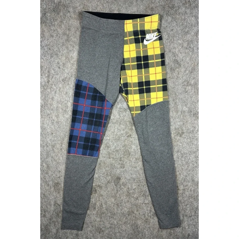 Nike Sportswear Plaid Patchwork Leggings Womens XS Gray Yellow Blue BV4633-071
